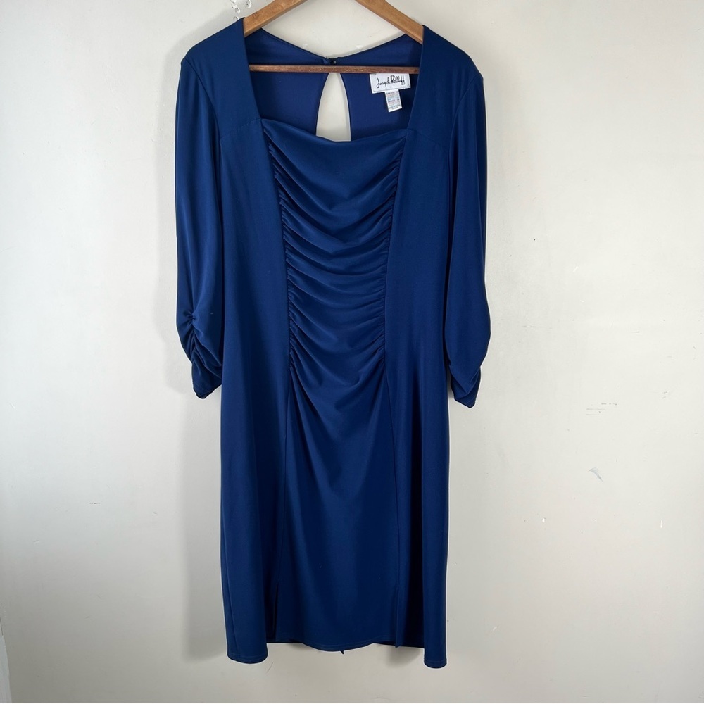 Joseph Ribkoff Women's Fitted Ruched Sheath Jersey Stretch Blue Dress Size 14